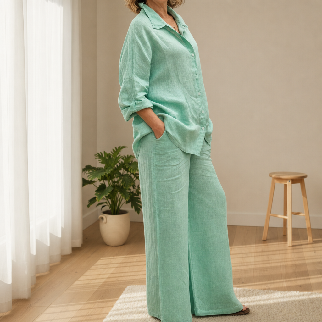 Comillas Linen Two-Piece Set in Light Green