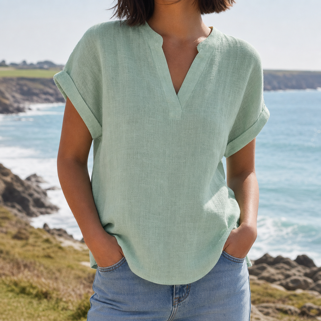 Tarifa Notched V-Neck Blouse in Light Green