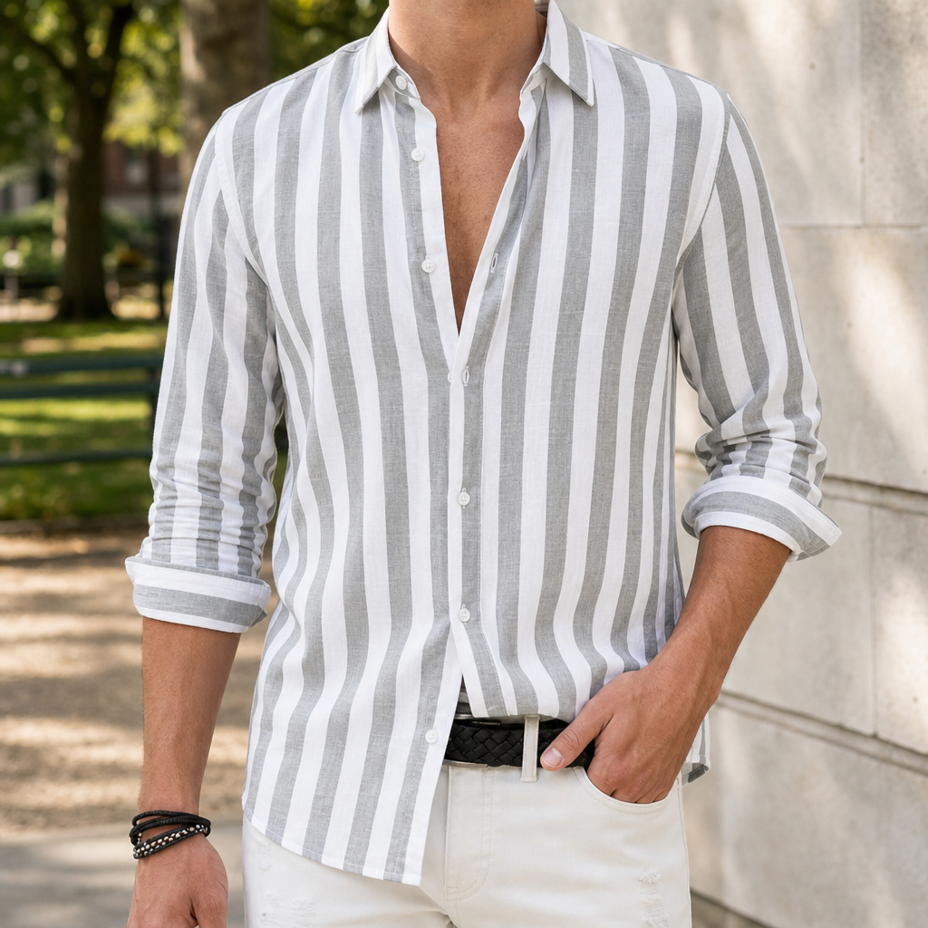 Paphos Striped Linen Casual Shirt in Light Grey