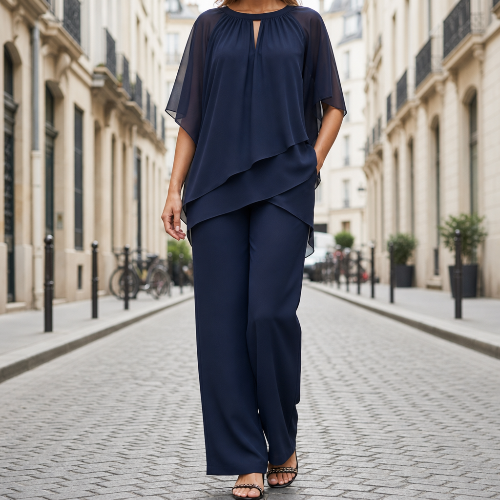 Otranto Chiffon Layered Pants Set in Navy Blue