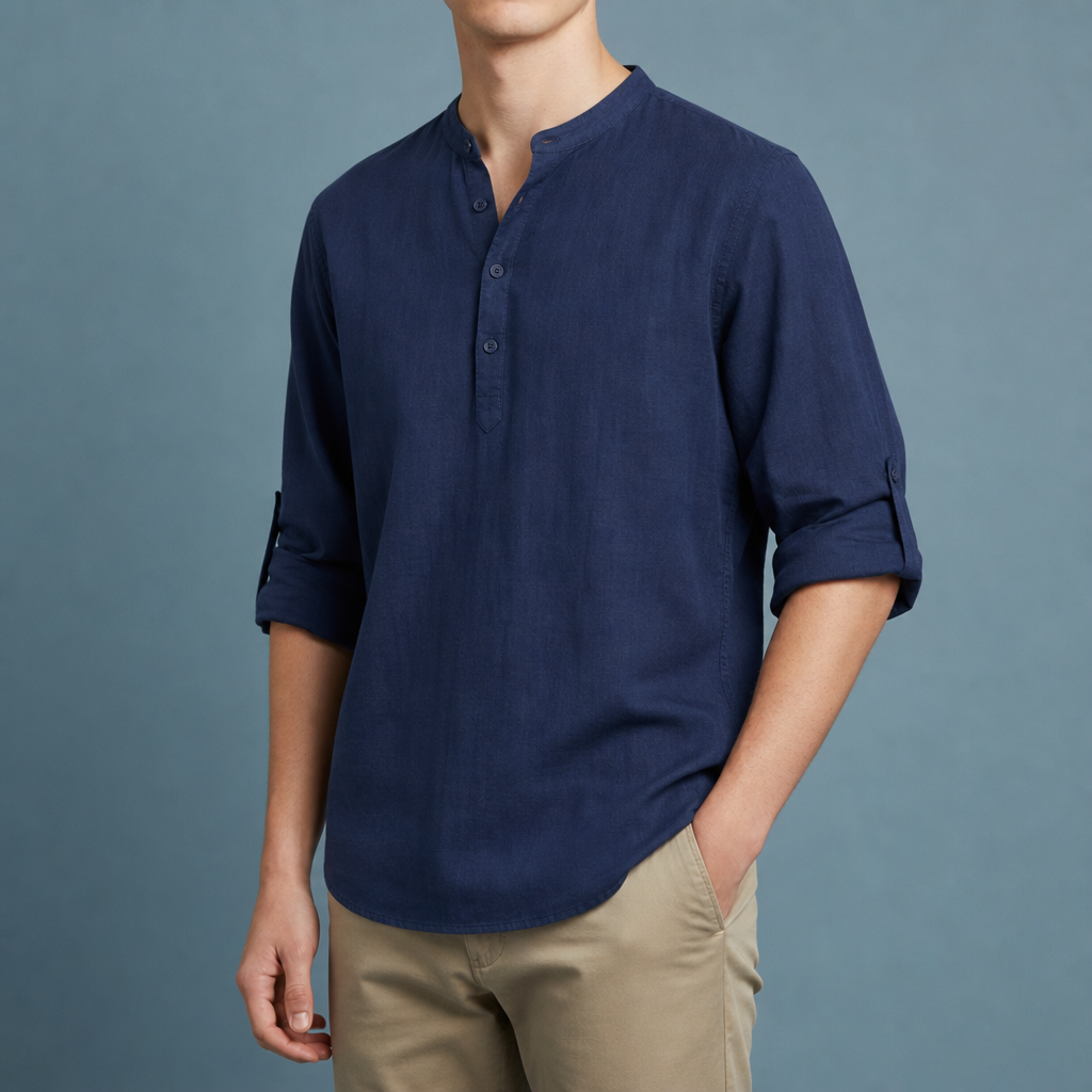 Roussillon Linen Henley Shirt in Navy Blue