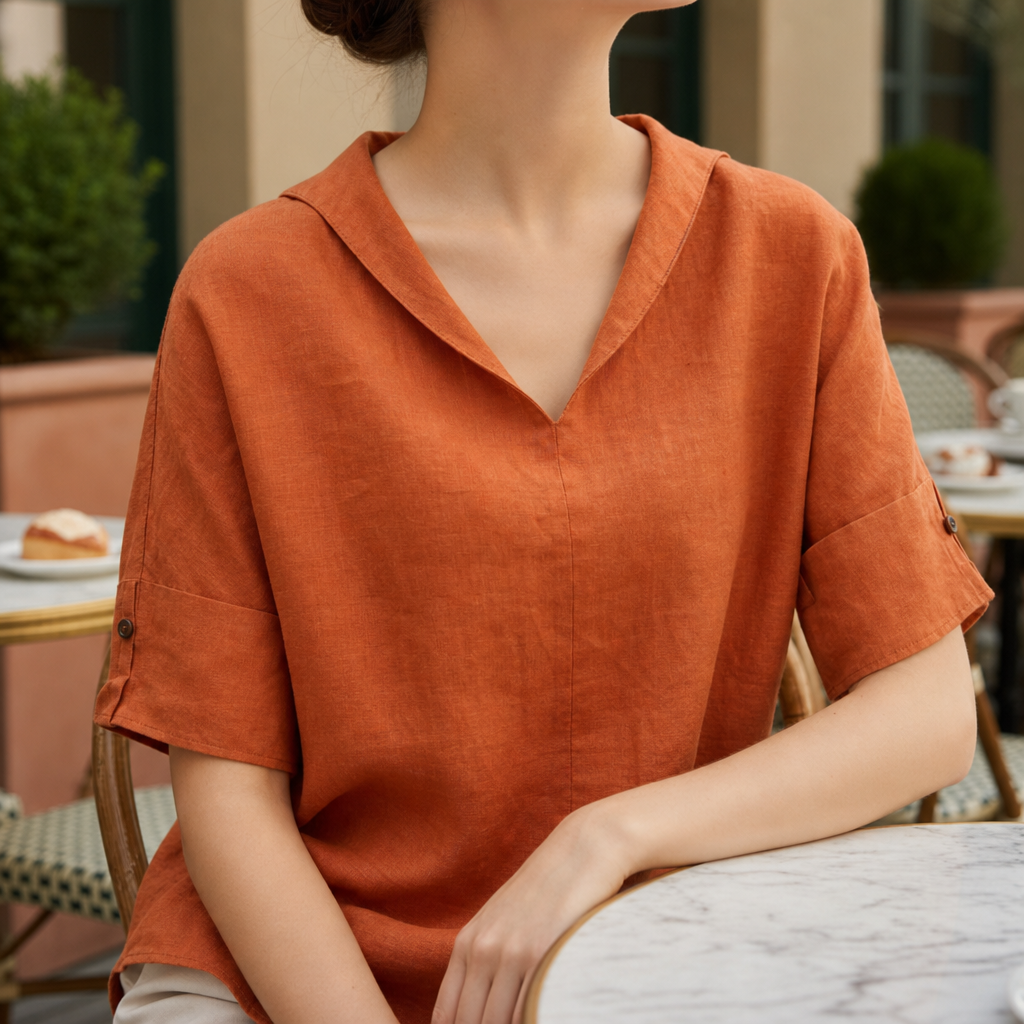 Naxos Linen V-Neck Blouse in Orange
