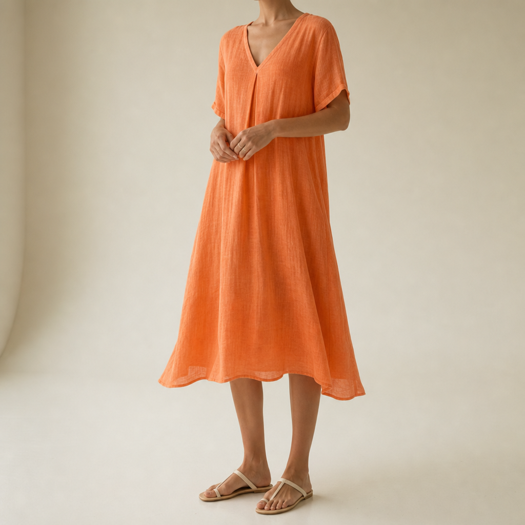 Sifnos Relaxed Linen Midi Dress in Orange