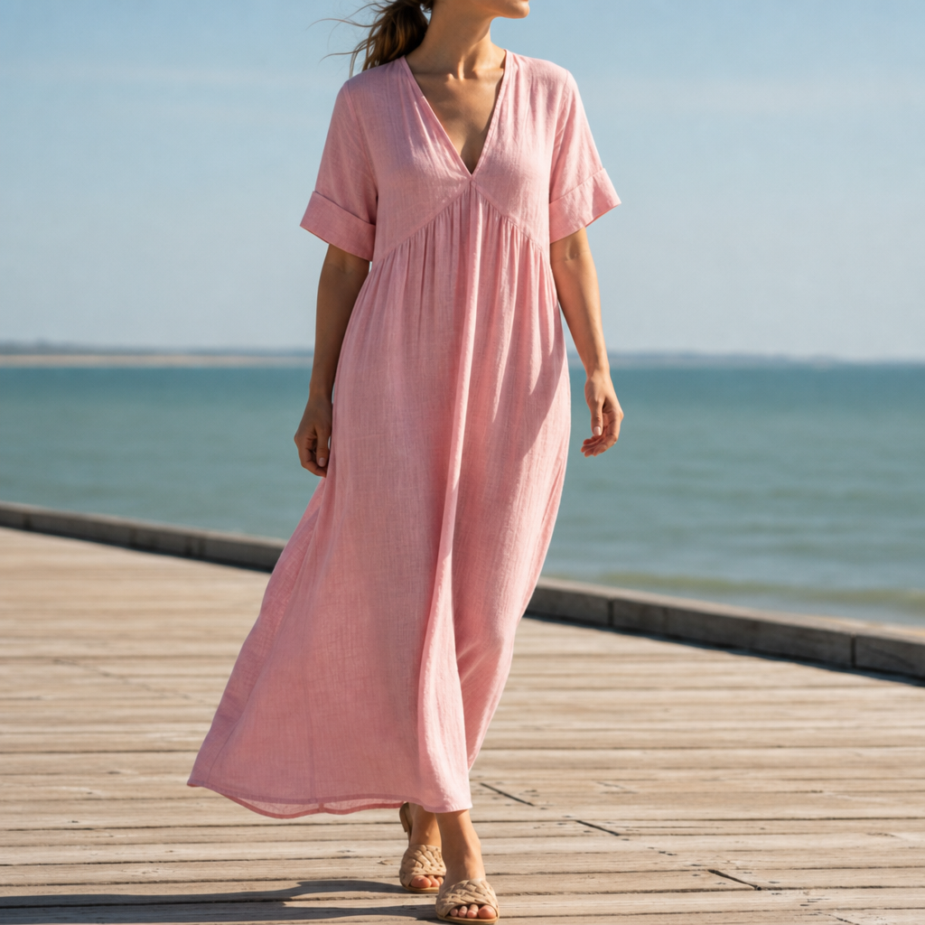 Trogir Relaxed Linen Maxi Dress in Pink