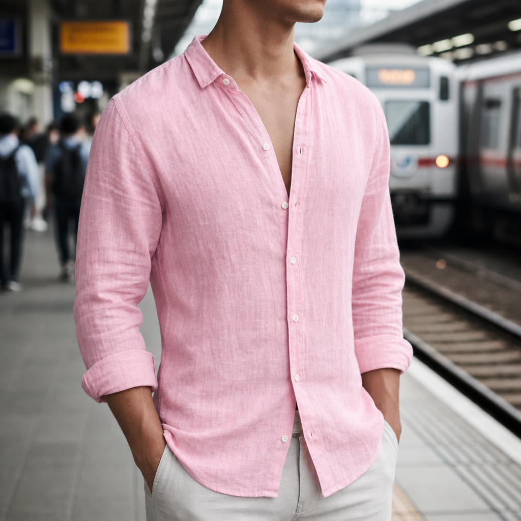 Polignano Linen Button-Down Shirt in Pink