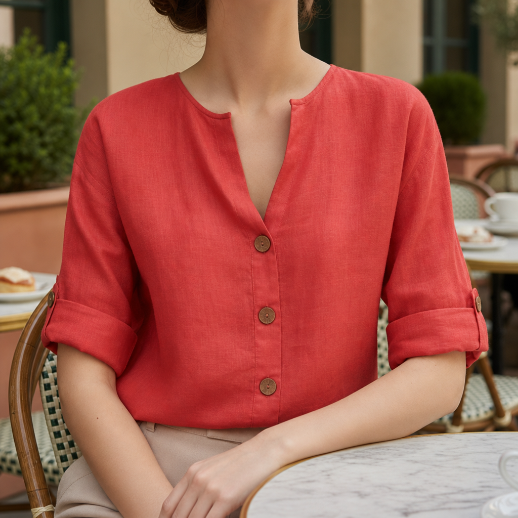 Montalcino Linen Button-Up Blouse in Red
