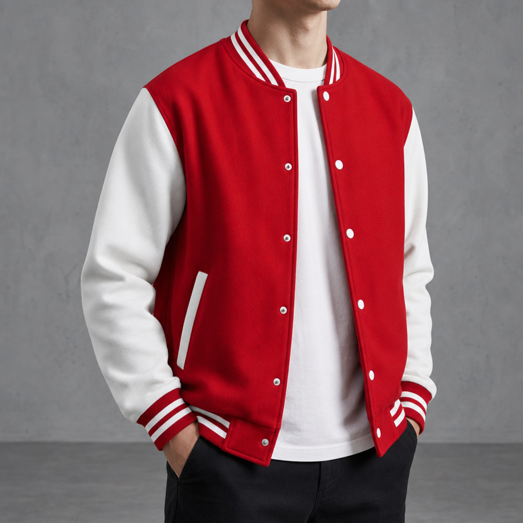 Ajaccio Contrast Sleeve Varsity Jacket in Red