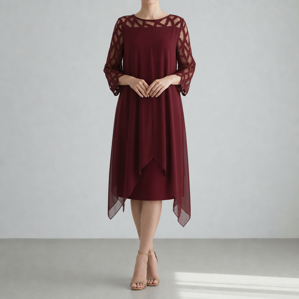 Lamego Lace Sleeve Midi Dress in Red Wine