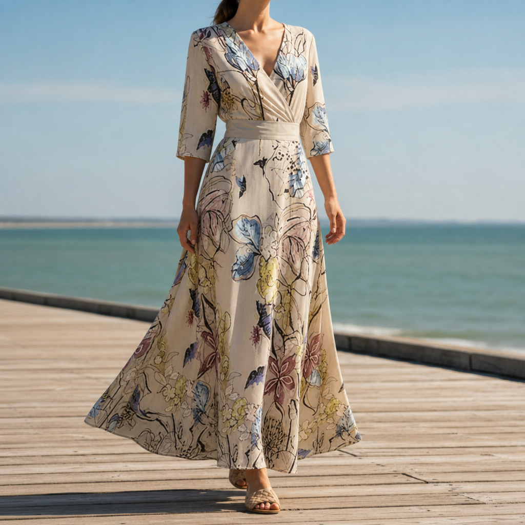 Altea Floral Wrap Maxi Dress in Sand/Beige