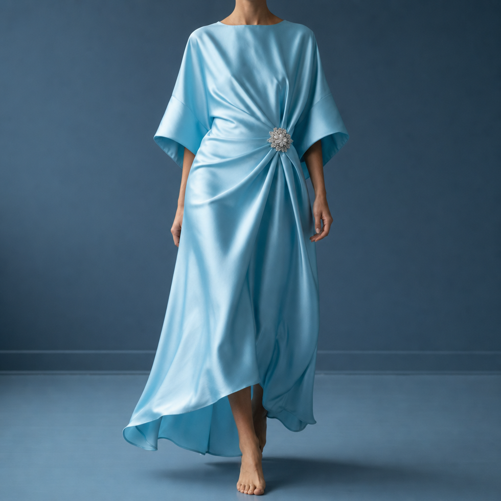 Salamanca Ruched Satin Midi Dress in Sky Blue