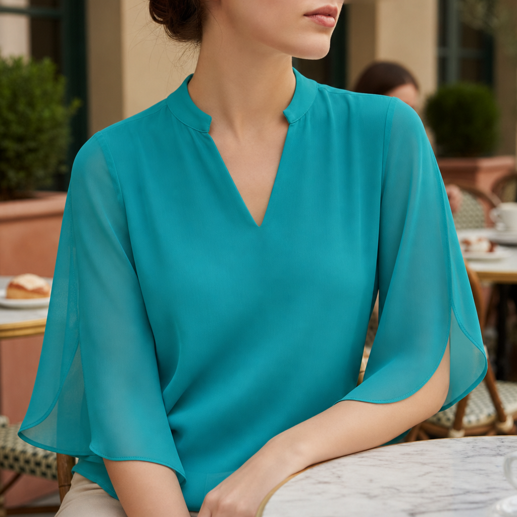 Milos Flared Sleeve Chiffon Blouse in Turquoise