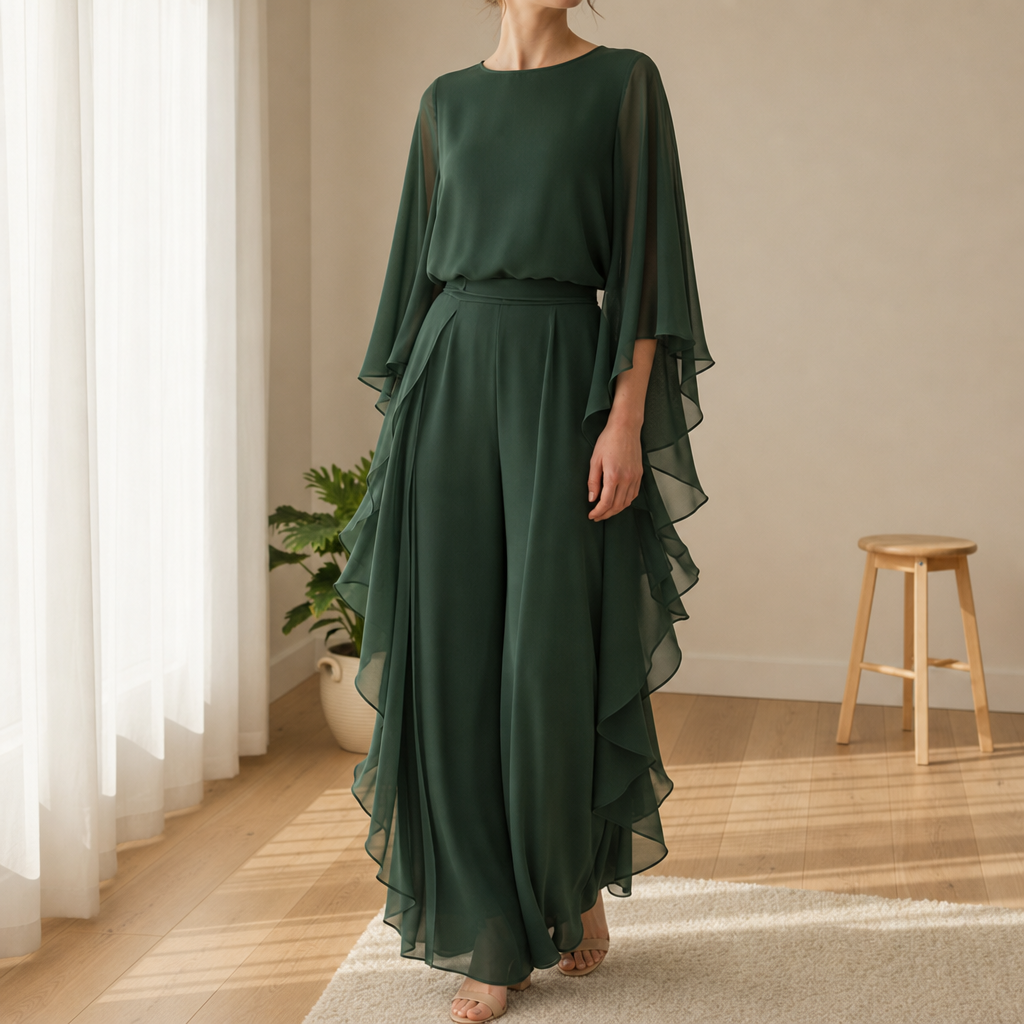 Santa Margherita Ruffle Chiffon Two-Piece Set in Green
