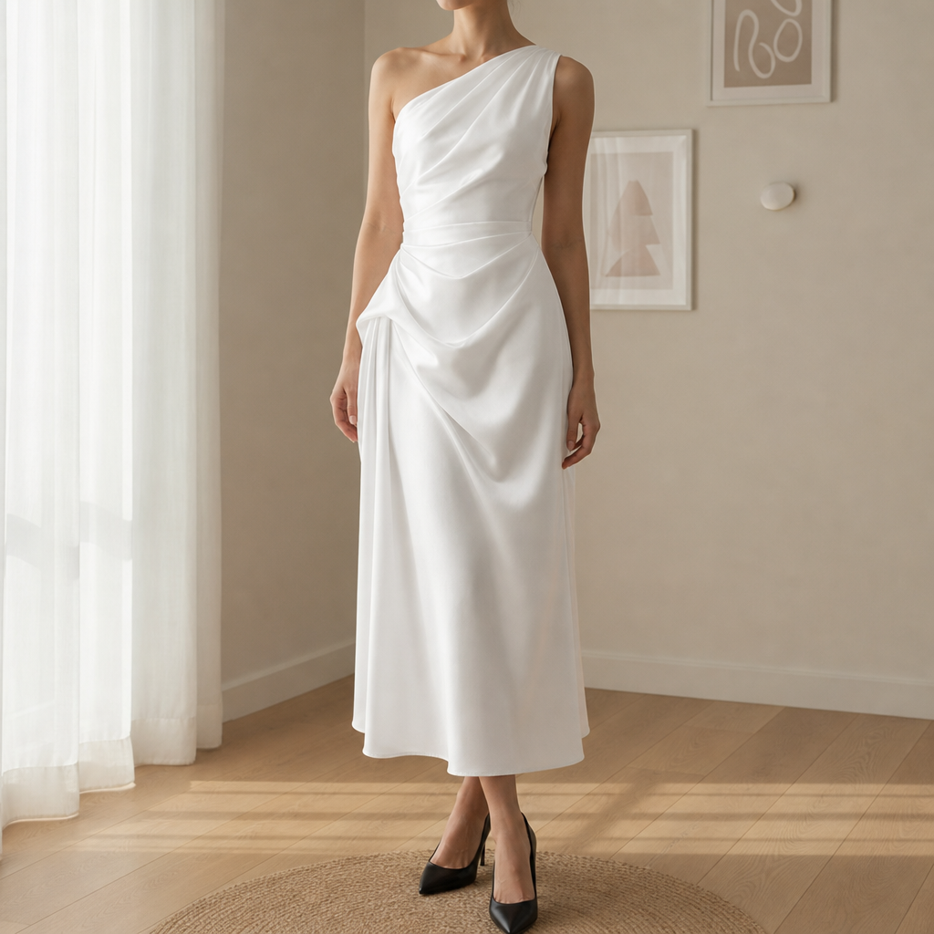 Valletta Ruched Satin Midi Dress in White
