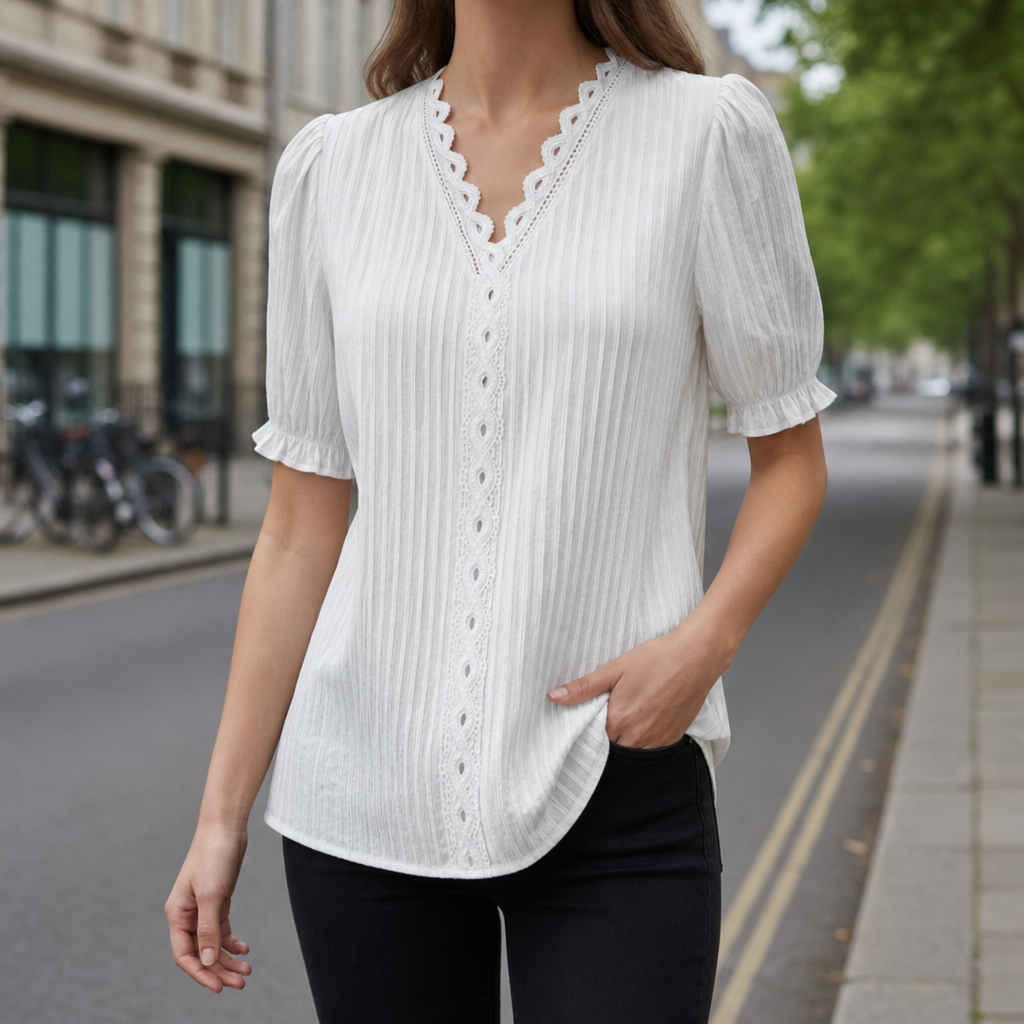 Antequera Lace Trim V-Neck Blouse in White