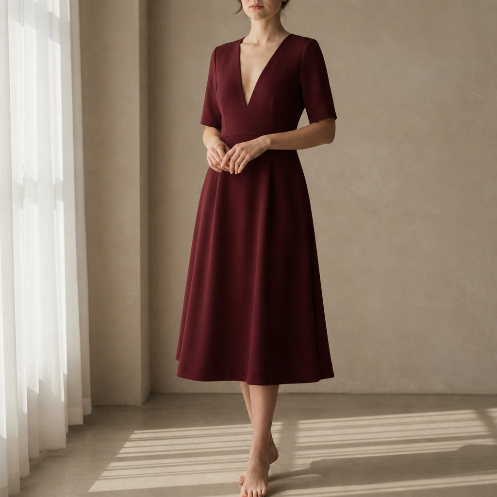 Gaeta Deep V Satin Midi Dress in Wine Red