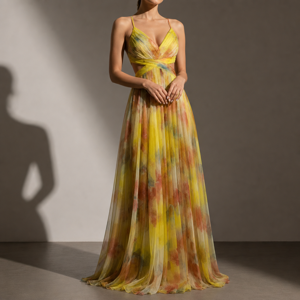 Lacoste Floral Chiffon Maxi Dress in Yellow