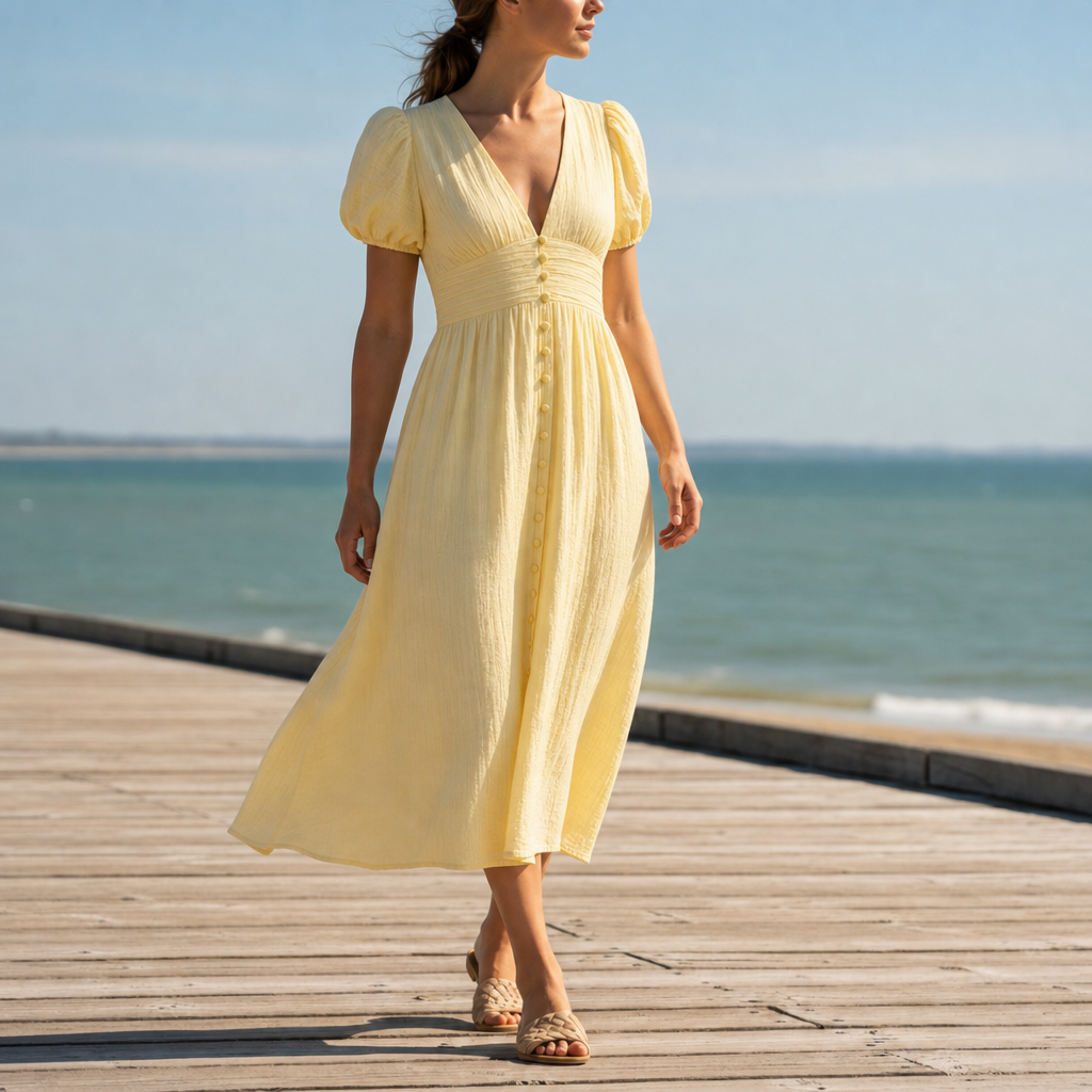 Cavtat Ruched Waist Midi Dress in Yellow