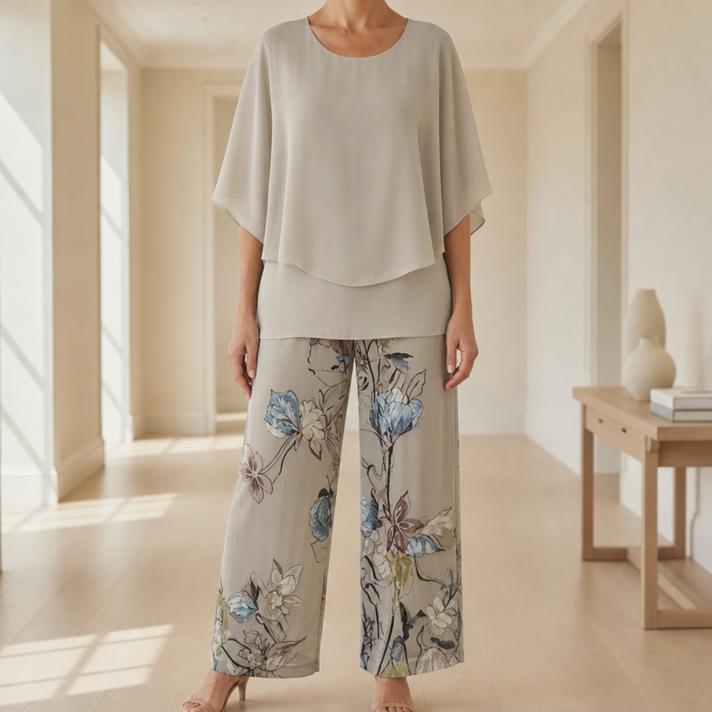 Beziers Floral Chiffon Two-Piece Set in Khaki