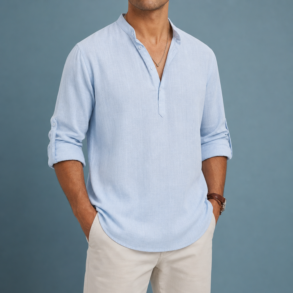 Roussillon Linen Henley Shirt in Baby blue