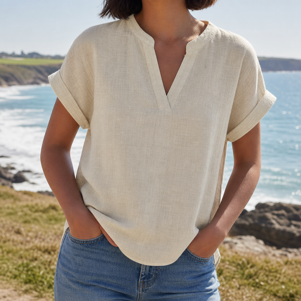 Tarifa Notched V-Neck Blouse in Beige