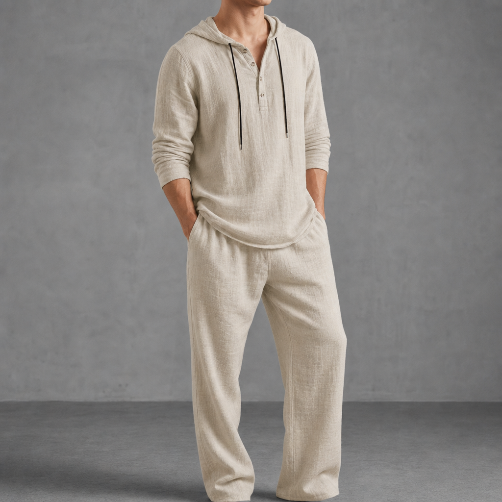 Folegandros Hooded Henley Linen Set in Beige