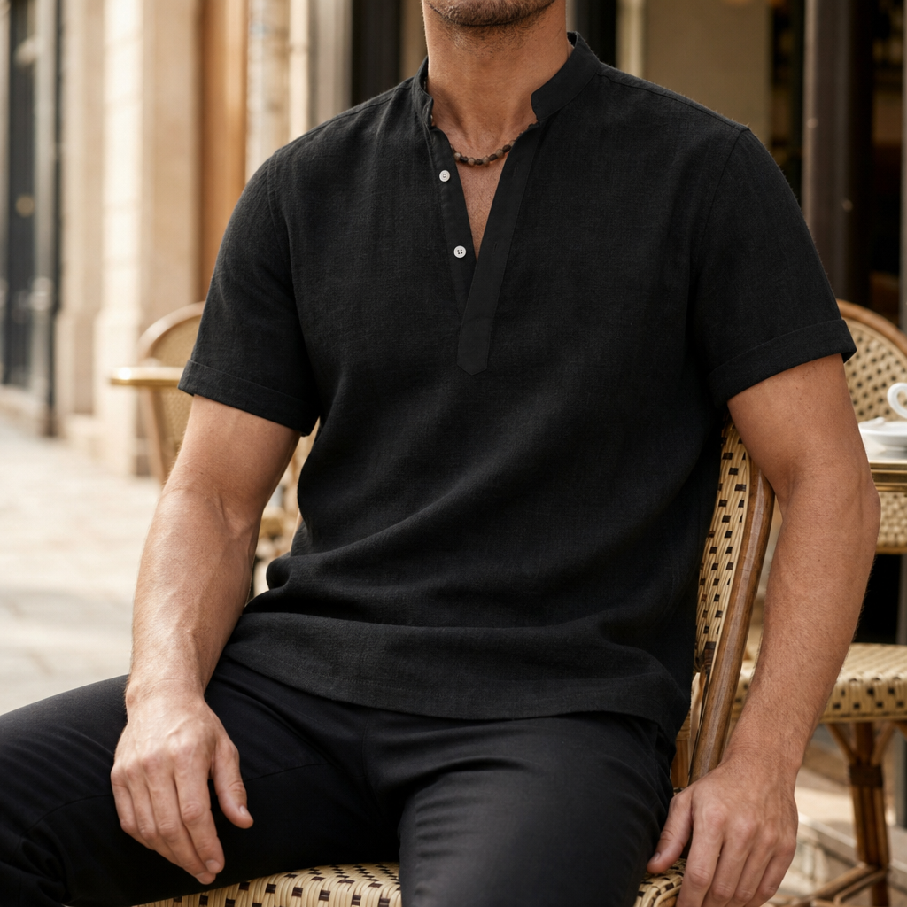 Polignano Linen Henley Shirt in Black