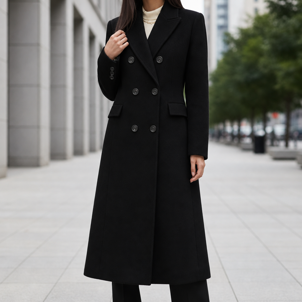 Chania Double Breasted Wool Overcoat in Black