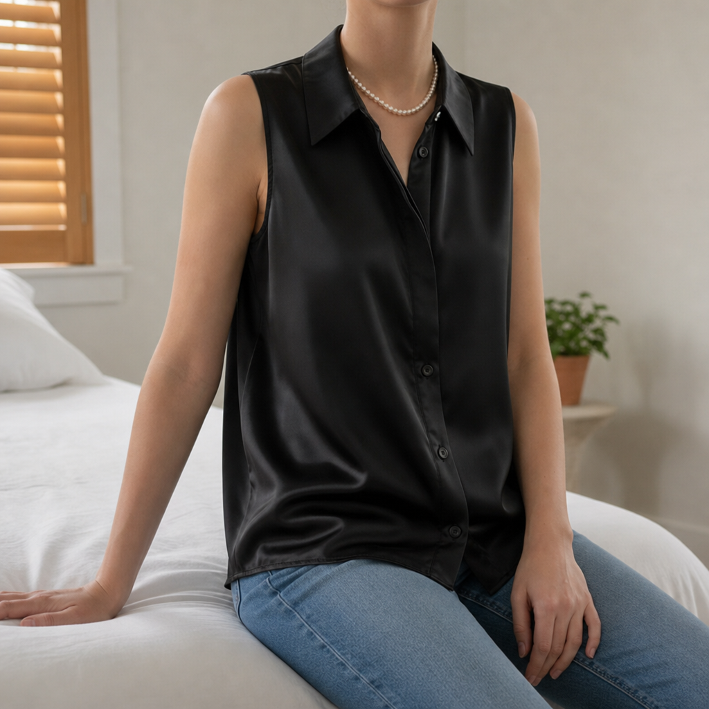 Spoleto Satin Sleeveless Blouse in Black
