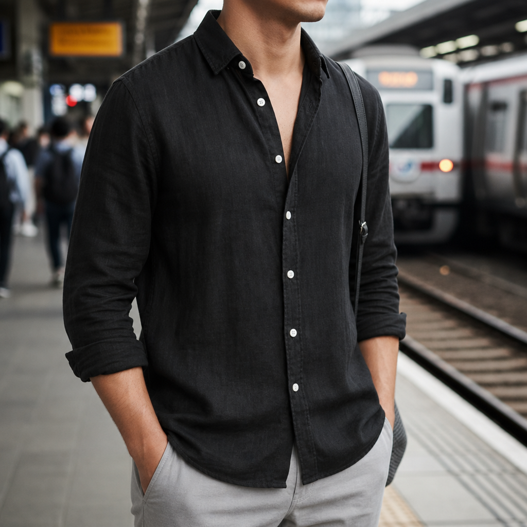 Polignano Linen Button-Down Shirt in Black
