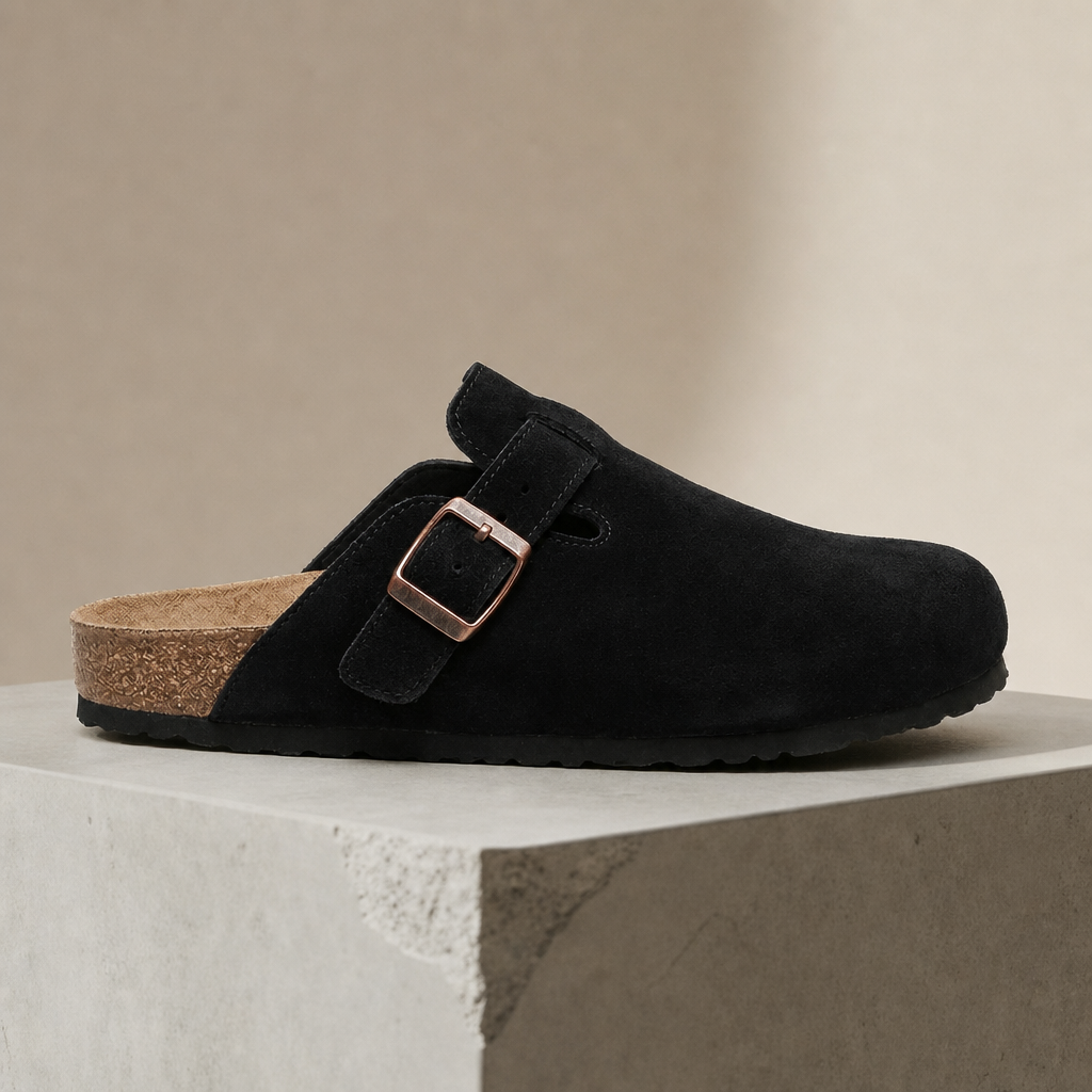 Nazare Suede Buckle Clogs in Black