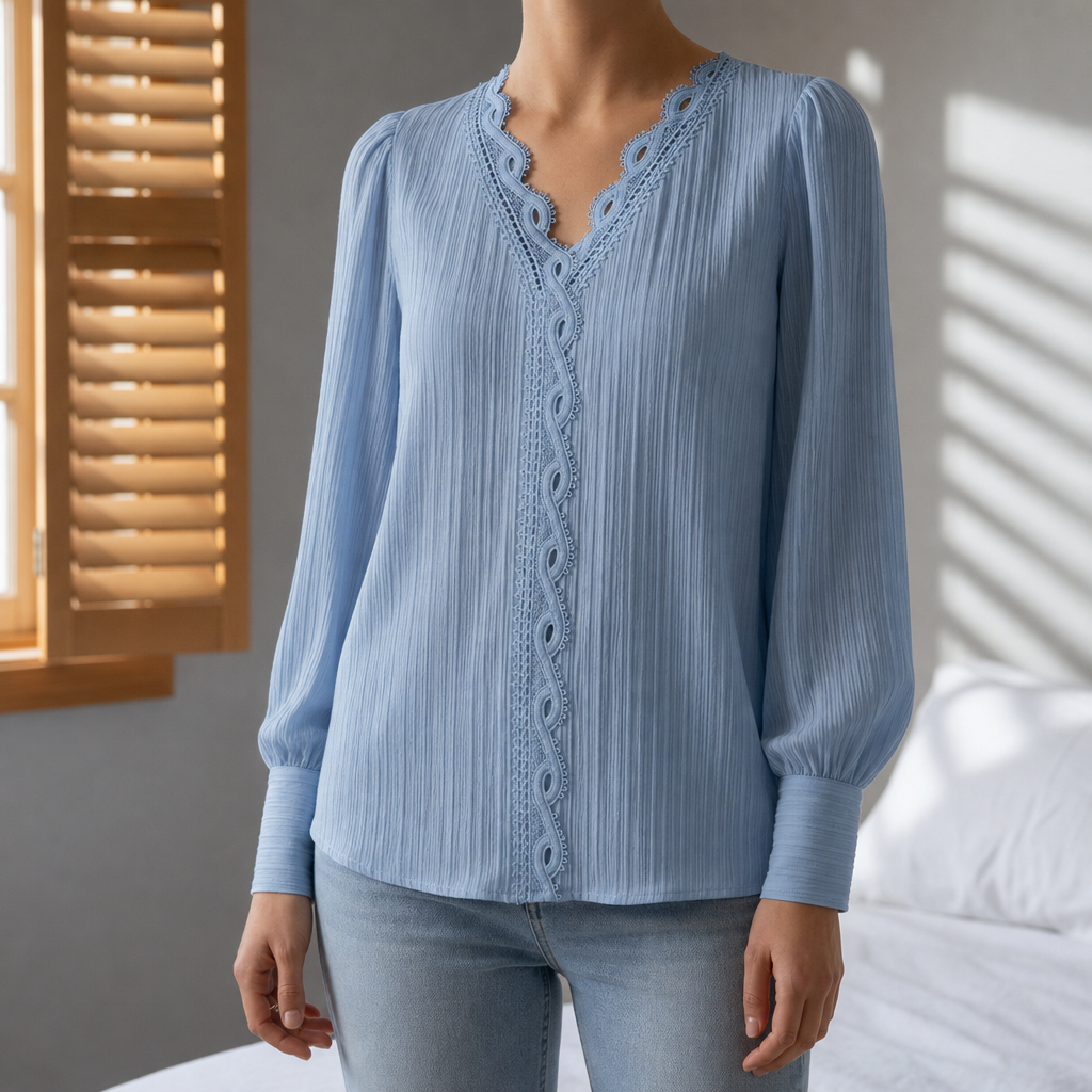 Arezzo Lace Trim V-Neck Blouse in Blue