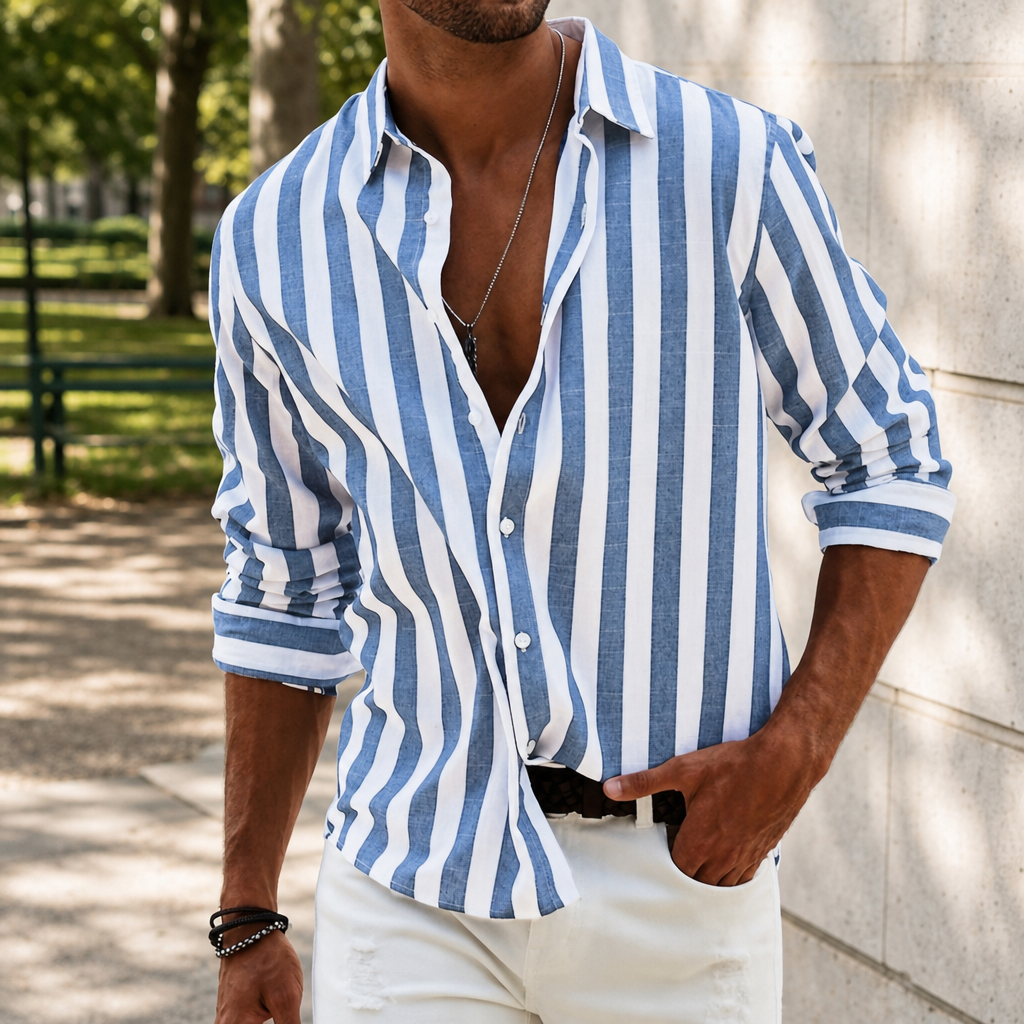 Paphos Striped Linen Casual Shirt in Blue