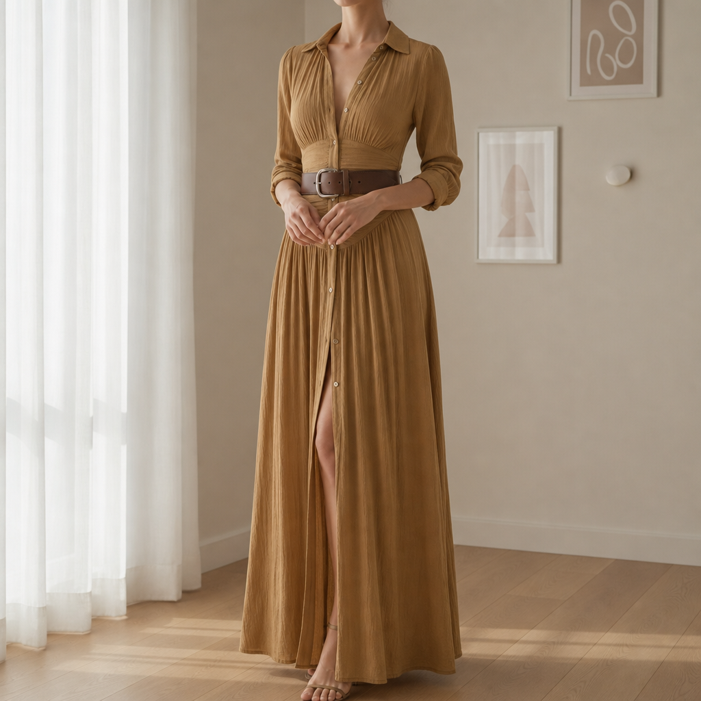 Milos Belted Button-Front Maxi Dress in Brown