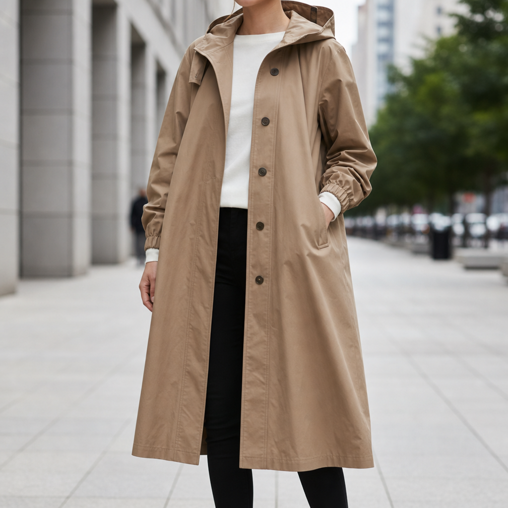 Silves Hooded Long Trench Coat in Brown