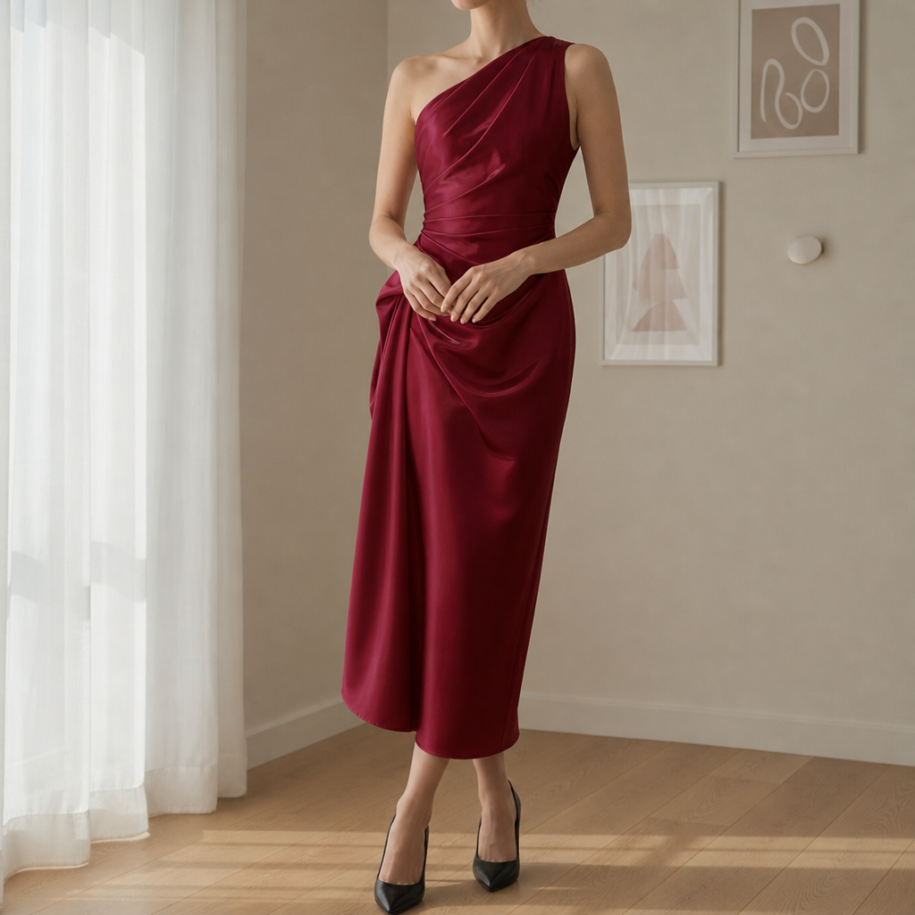 Valletta Ruched Satin Midi Dress in Burgundy