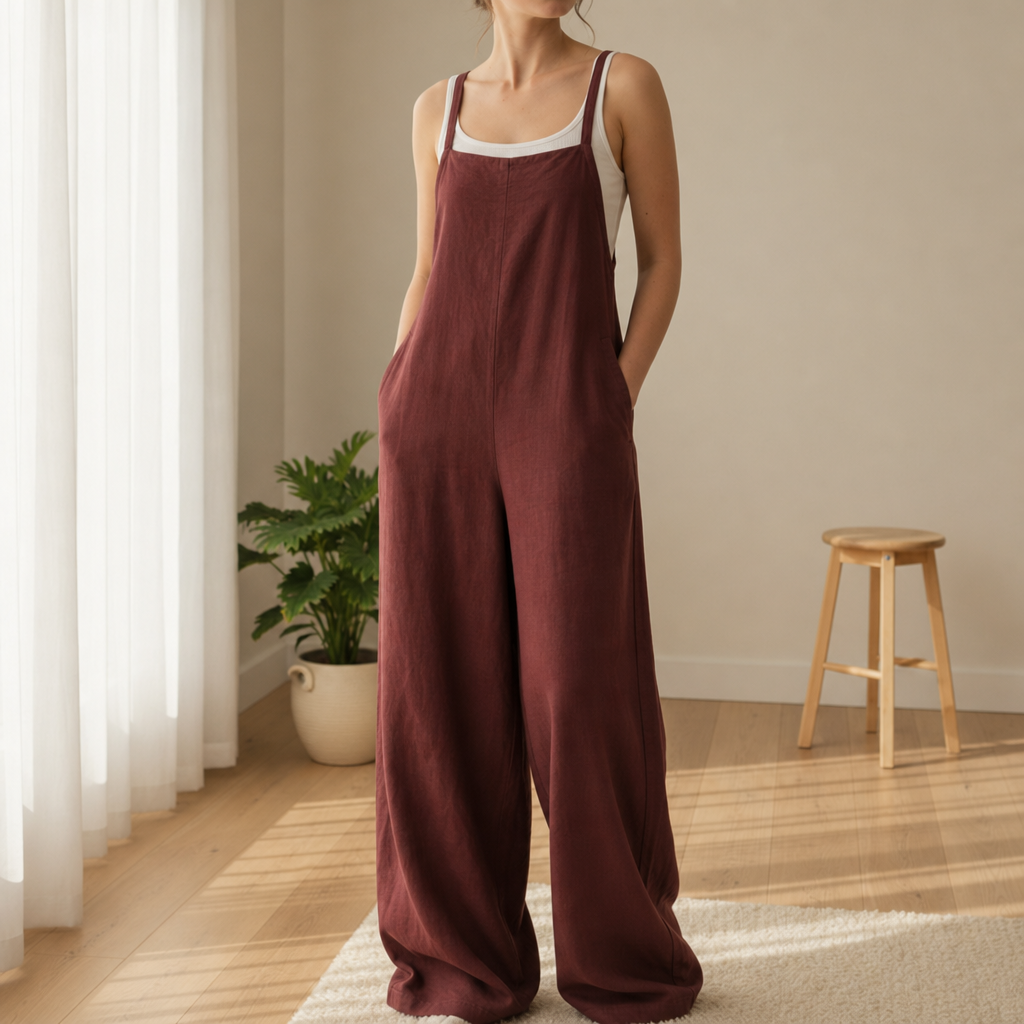 Corte Linen Bib Overall Jumpsuit in Burgundy