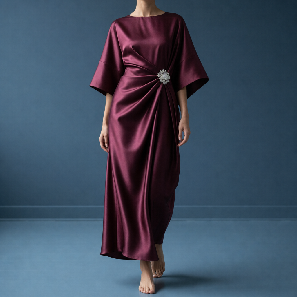 Salamanca Ruched Satin Midi Dress in Claret