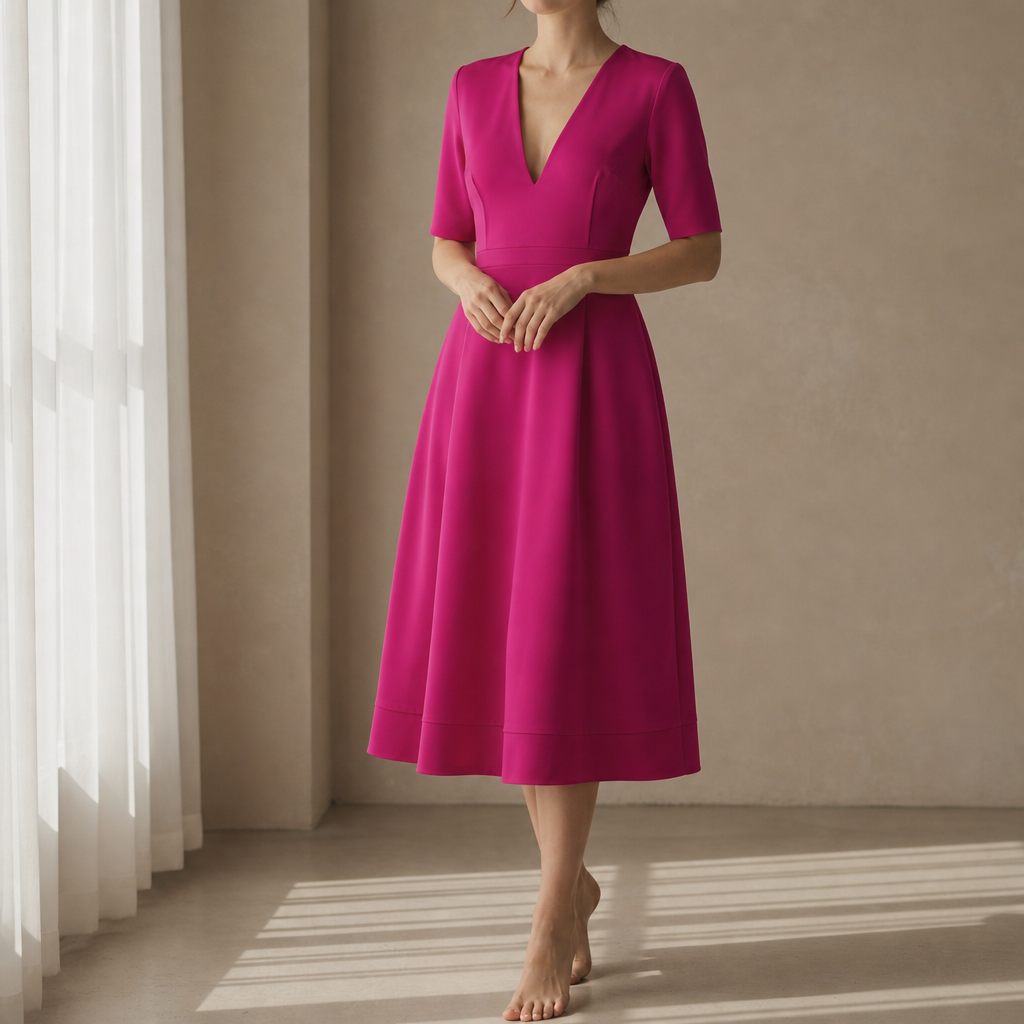 Gaeta Deep V Satin Midi Dress in Dark Pink