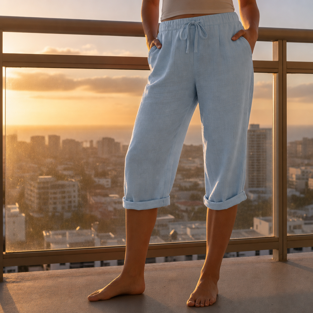 Albufeira Linen Drawstring Bermuda Shorts in Light Blue