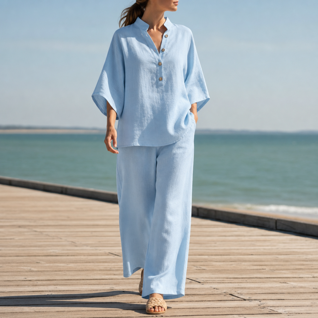 Kakopetria Linen Kimono Sleeve Set in Light Blue