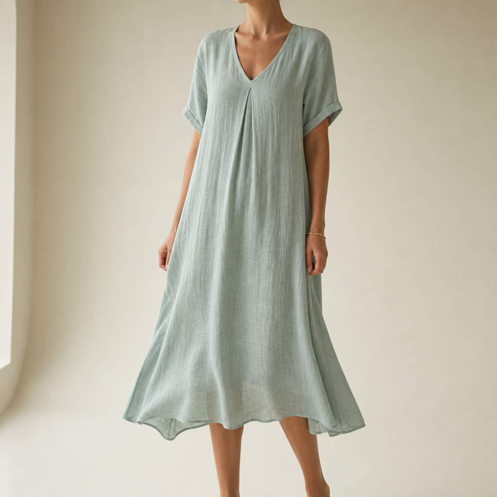 Sifnos Relaxed Linen Midi Dress in Light Green