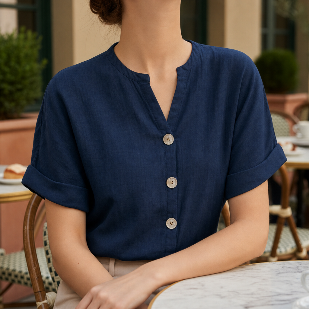Montalcino Linen Button-Up Blouse in Navy Blue