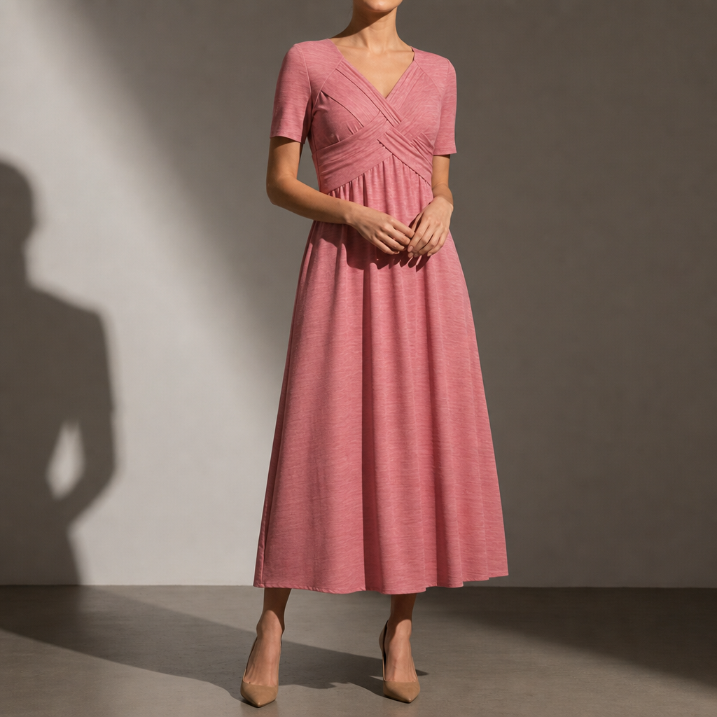 Nazare Ruched V-Neck Midi Dress in Pink