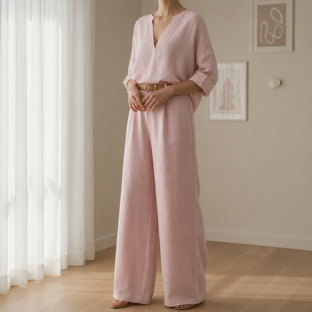 Menerbes Linen Wide Leg Set in Pink