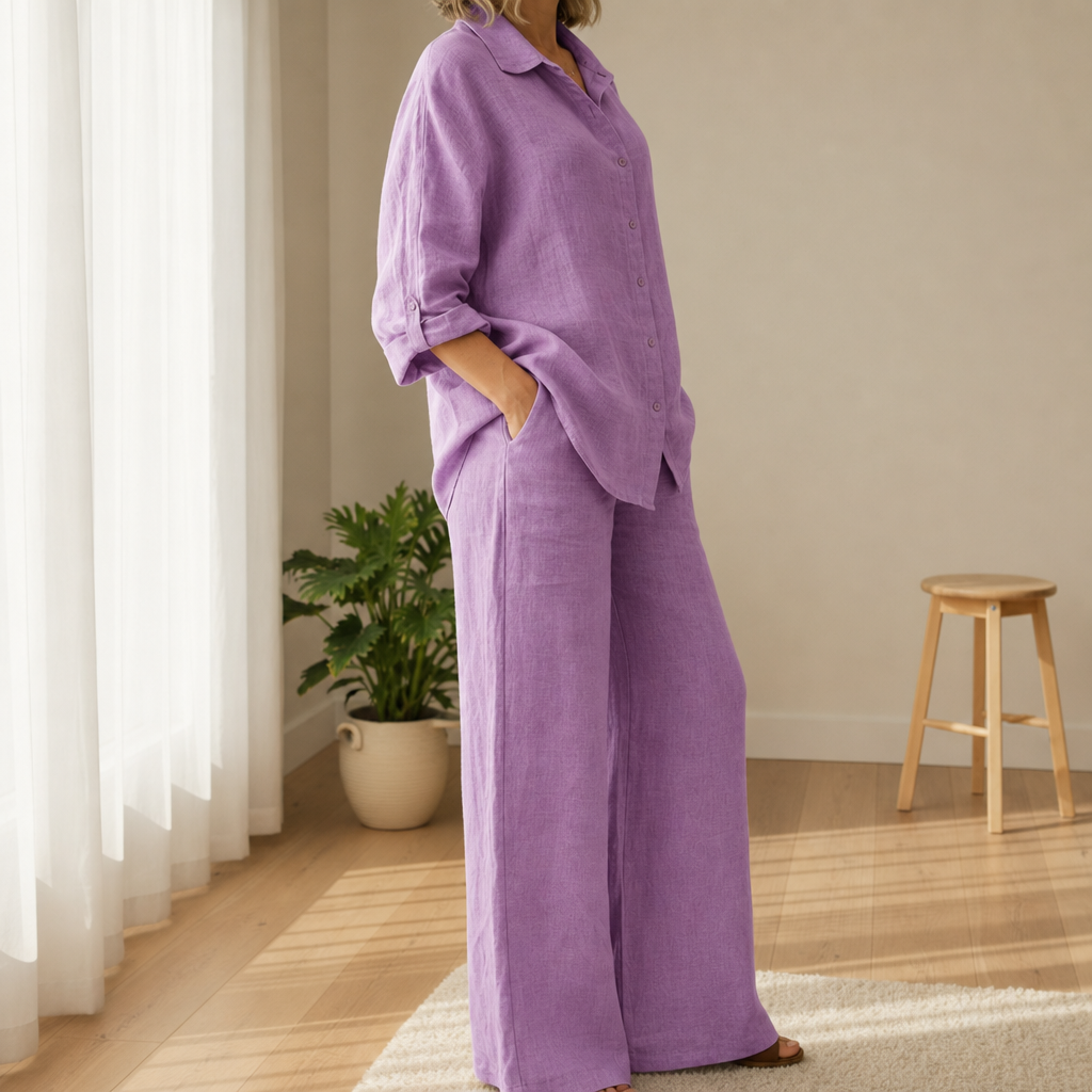 Comillas Linen Two-Piece Set in Purple