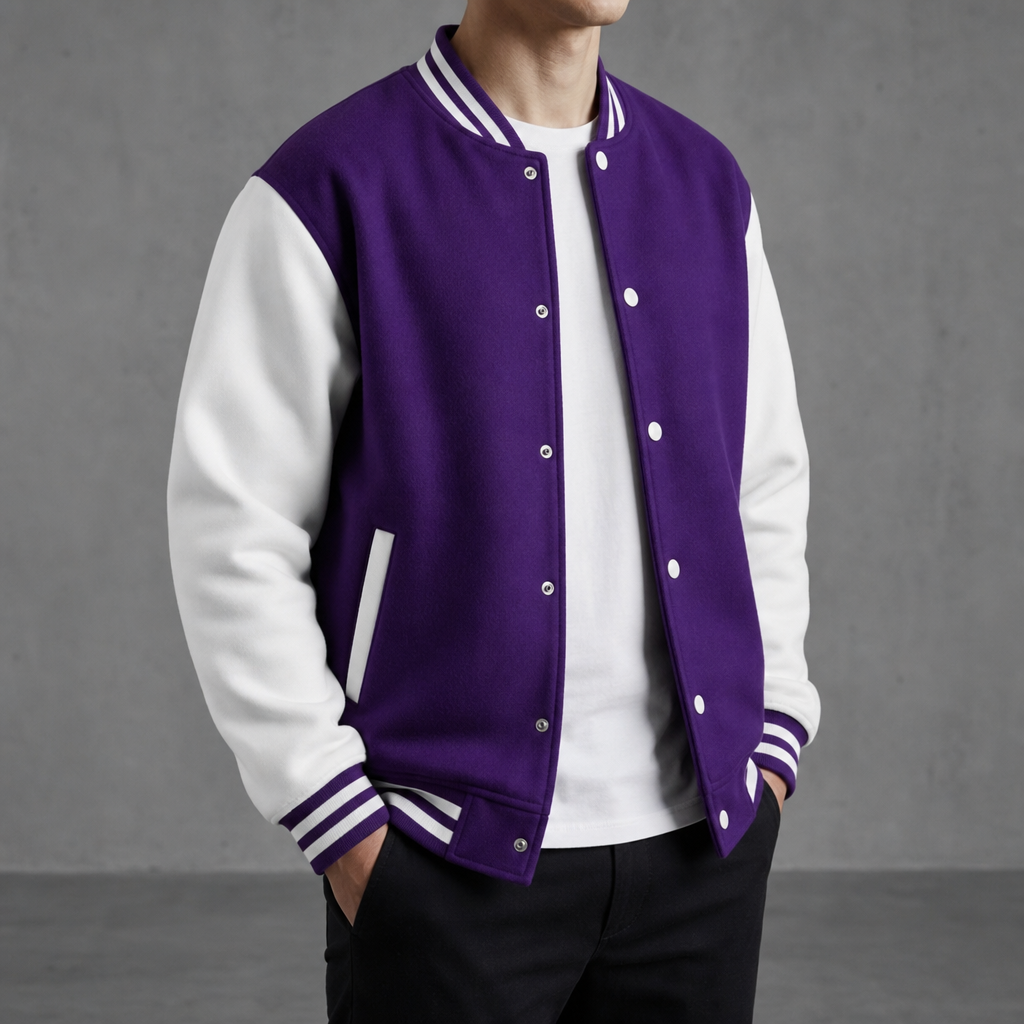 Ajaccio Contrast Sleeve Varsity Jacket in Purple