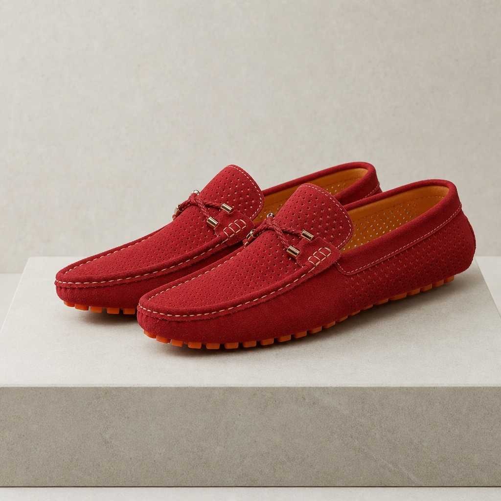 Menton Perforated Suede Loafers in Red
