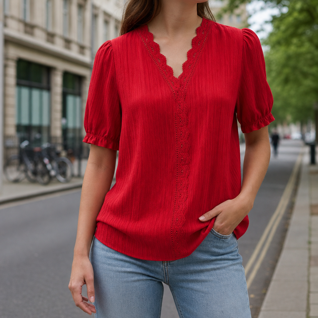 Antequera Lace Trim V-Neck Blouse in Red