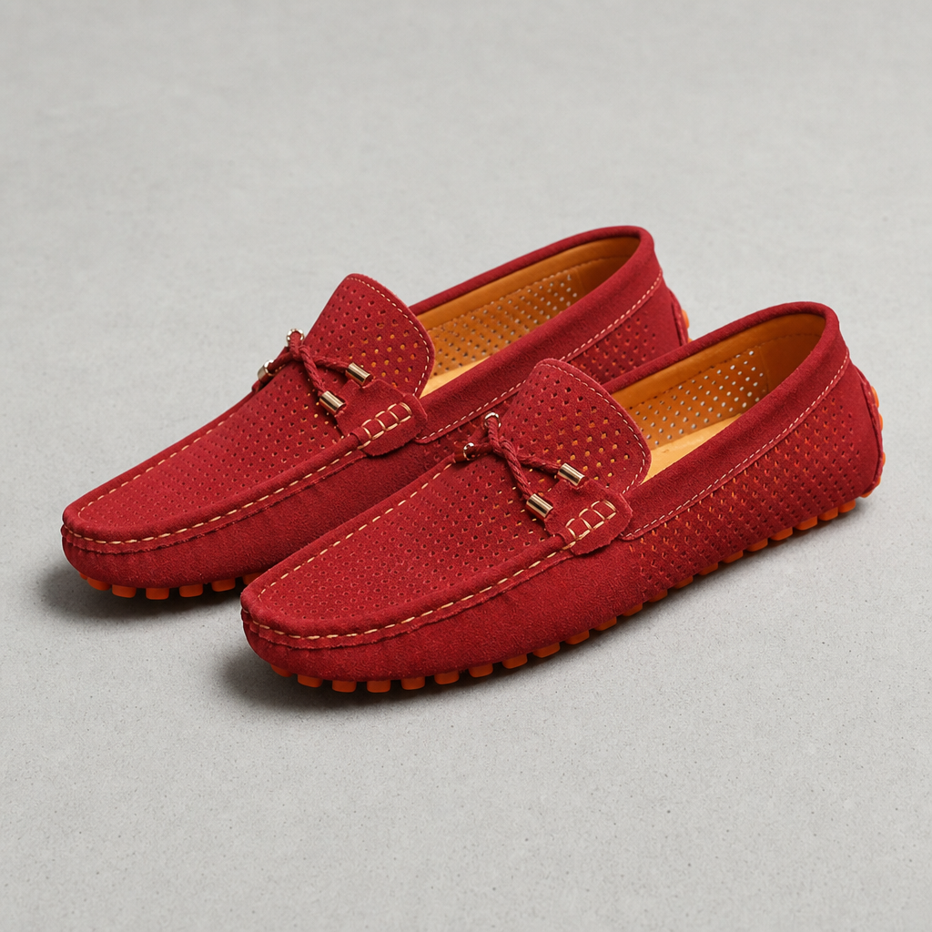 Andros Perforated Suede Loafers in Red