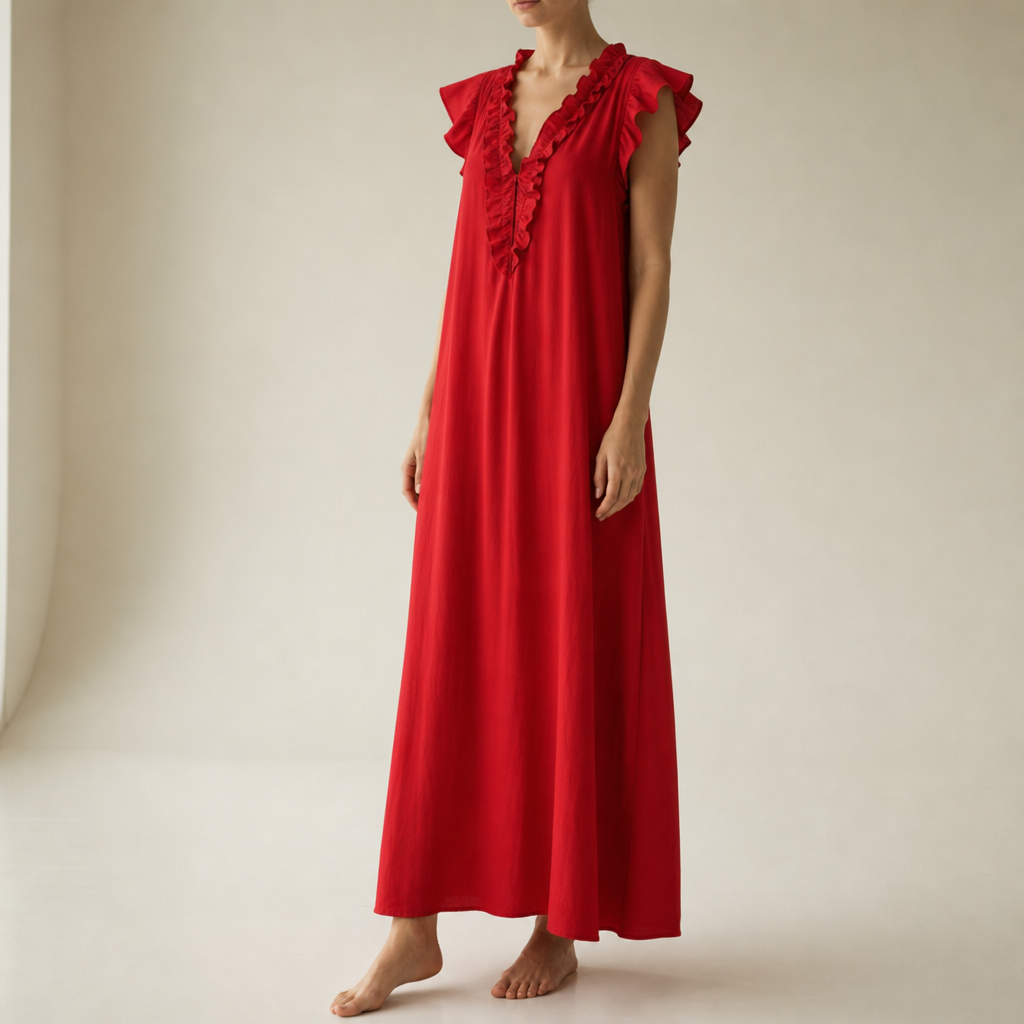 Hydra Ruffle V-Neck Maxi Dress in Red